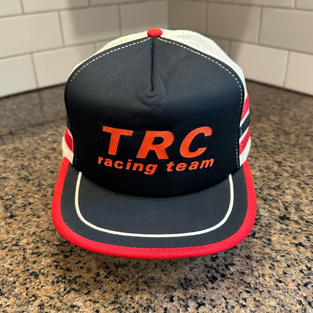 Vintage 90s TRC Racing Team Trucker Hat Snapback Black Red White Mesh